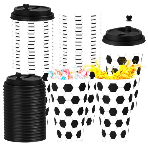 Layhit 24 Pack Soccer Cups Soccer Themed Party Favors 16oz Birthday Party Plastic Soccer Ball Cups Bulk with Lids Plugs Reusable Party Supplies Decorations for Soccer Themed Party Birthday Baby Shower