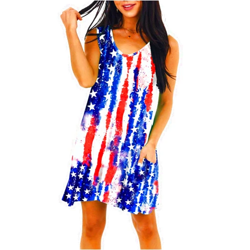 Deerose Women 4th of July Dress Sleeeveless Patriotic V Neck Dresses with Pockets
