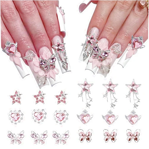 BMKKOT Star Nail Charms for Nail Art 18Pcs Bling Butterfly Nail Art Charms Y2K Starlight Nail Gem Pink Heart Nail Rhinestone Multi Style Design Nail Jewelry Star Charms Nail Supplies Decor Accessories