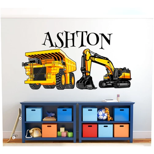 LOVELY Decals Construction Truck Wall Decal - Boys Custom Name Wall Decals - Kids Room Wall Decor - Excavator Dump Trucks Wall Art Sticker Toodler Bedroom Decor