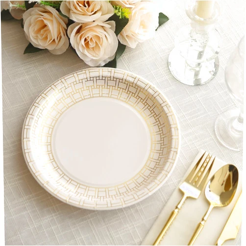 Efavormart.com Efavormart 25 Pack White Dinner Paper Plates With Gold Basketweave Pattern Rim, 9