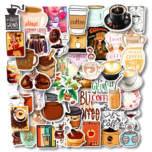 AOWDIAO 50 Pieces Coffee Stickers, Vinyl Coffee Water Bottle Sticker Pack for Coffee Gifts, Coffee Party Favors, Coffee Accessorise