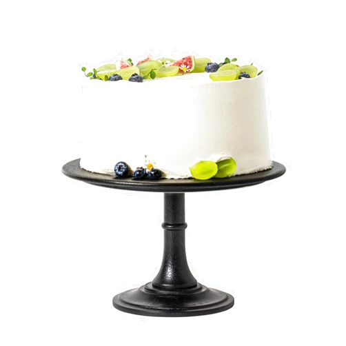 Kanwone 10-Inch Cake Stand, Ceramic Cake Plate with Acacia Wood Base, Round Wedding Cake Stand, Black Cake Stand for Party, Home Decorating Stand