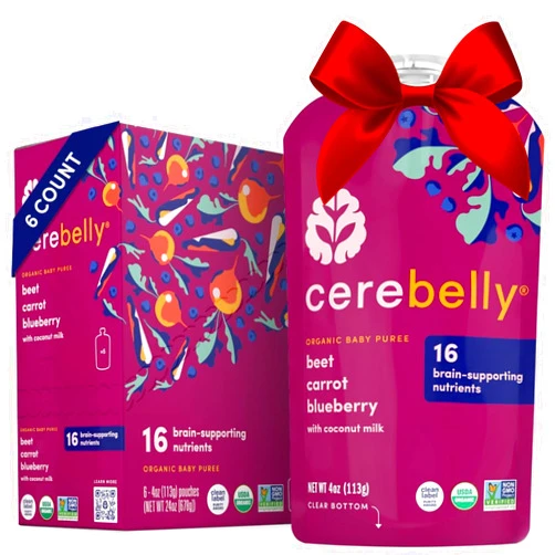 Cerebelly Baby Food Pouches – Organic Beet Carrot Blueberry (4 oz, Pack of 6) - Toddler Snacks, 16 Brain-supporting Nutrients, Healthy Snacks, Made with Gluten-Free Ingredients, No Added Sugar
