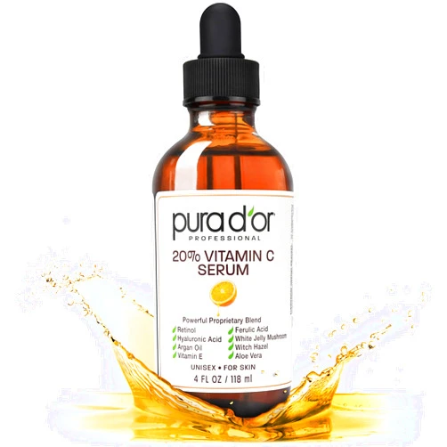 PURA D'OR 20% Vitamin C Serum 4 Oz - Lightweight Maximum Strength Formula - Retinol, Hyaluronic Acid, Ferulic Acid - Professional Grade Treatment For Face & Eyes, Wrinkles - Men & Women