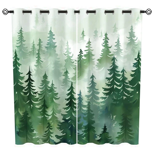 Erales Nature Forest Blackout Curtains for Girls Boy Home Decor, Misty Sage Green Fog Woodland Pine Tree Grommet Thermal Insulated Drapes Darkening Window Curtain for Bedroom Living Room, 42 x 45 Inch