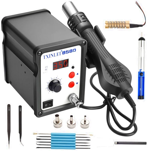 TXINLEI 858D 110V Solder Station, Digital Display SMD Hot Air Rework Station Solder Iron Kit Heat Gun, Tweezers, Desoldering Pump