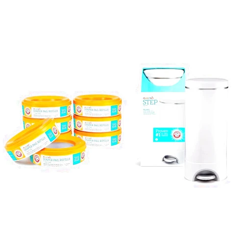 Munchkin® Arm & Hammer Diaper Pail Refill Rings, 2,176 Count, 8 Pack (272 Count each) & Step Diaper Pail Powered by Arm & Hammer