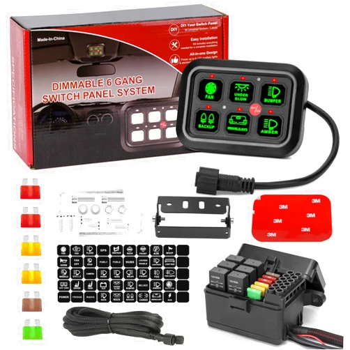 ANGU-OFFROAD 6 Gang Switch Panel, 12V Pod Electronic Fuse System Electronic Fuse System Circuit Control Box with Harness Label Sticker Circuit Control Box Pod for Car Truck Boat ATV UTV Offroad