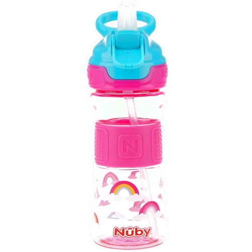 Nuby Thirsty Kids Push Button Flip-it Soft Spout on The Go Water Bottle with Easy Grip Band, Pink Rainbows, 12 Ounce