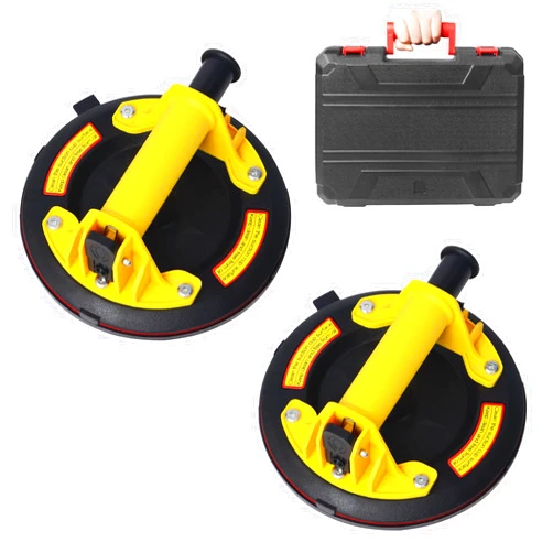 VUAOHIY Glass Suction Cups, 2 Pack Heavy Duty Suction Cup Lifter with Vacuum Handle to Lift Large Glass for Tiles, Windows, Glass, 240 lbs Load Capacity with Carrying Case (8'', Yellow)