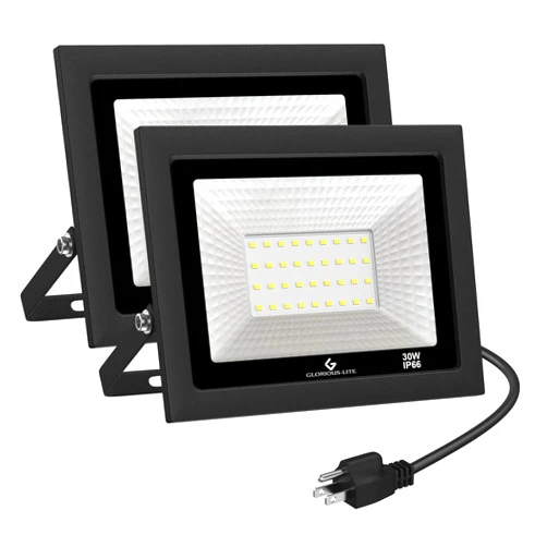 GLORIOUS-LITE LED Flood Lights Outdoor, 100W 10000LM Outside LED Work Light with Plug, 6000K Daylight White, IP66 Waterproof Portable Spot Security Lights for Garage, Yard, Garden, Playground(2 Pack)