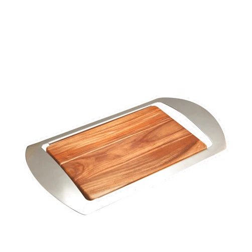 nambe Mikko Bar Tray | Large Serving Tray for Party | 19 Inch Platter for Serving Snacks, Food, Cookies | Made of Stainless Steel and Acacia Wood | Designed by Neil Cohen
