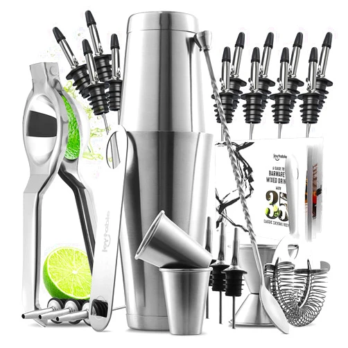 JoyTable Bar Set Cocktail Shaker Set, Stainless Steel Mixology Bartender Kit, 28PC Cocktail Kit, Silver Cocktail Set, Bar Tools: 30oz Martini Shaker, Muddler, Bar Kit Cocktail Book, Jigger and Pourers