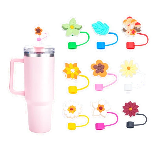 Tomkulis 9 PCS Straw Covers Cap, Straw Cover for Stanley 30&40 Oz Tumbler, Silicone Straw Topper Cute Straw Caps, 0.4 Inch/10 mm Dust-Proof Reusable Stanley cup toppers (9 Pack Flower)