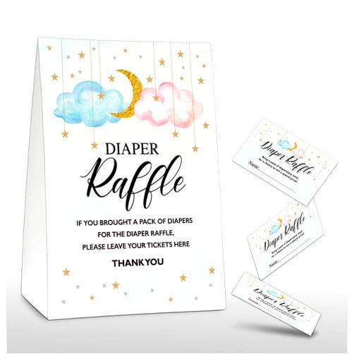 Chuxvon Diaper Raffle Party Games, Twinkle Little Star Baby Shower Game, Blue and Pink Themed Baby Gender Reveal Party Supplies & Activities -1 Double Sided Standing Sign + 50 Guessing Cards (A14)