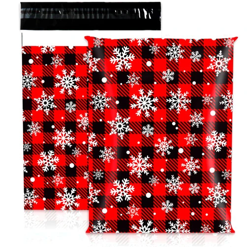 JarThenaAMCS 100Pcs Christmas Poly Mailers 10 x 13 Inch Black Red Paid Xmas Snowflake Packaging Bags Self Seal Mailing Envelope Bags for Winter Small Business Clothing Gift