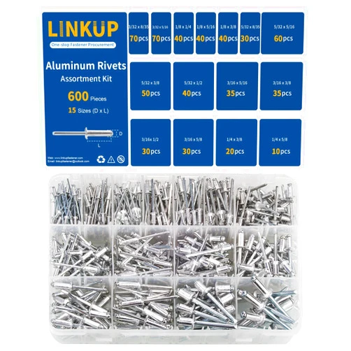 Linkup 600pcs 15 Sizes Pop Rivets Assortment Kit,Aluminum Rivets, Silver pop rivet set including 3/32