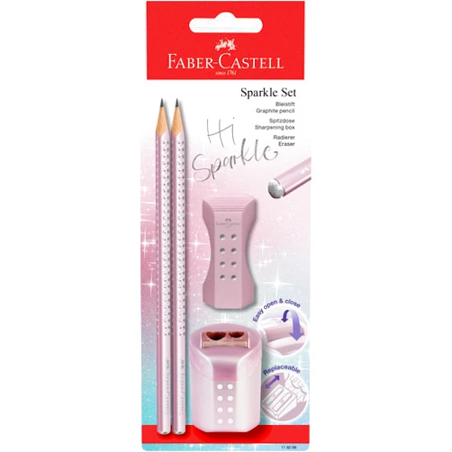 Faber-Castell Sparkle 118298 Pencil Set with Sharpener, Eraser and 2 Pencils, Writing Set Rose Metallic
