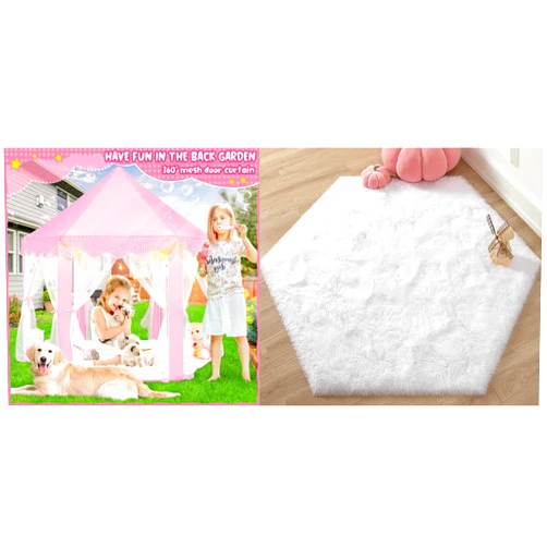KIXINWA Pink Princess Tent with Small Star Lights and White Princess Rug