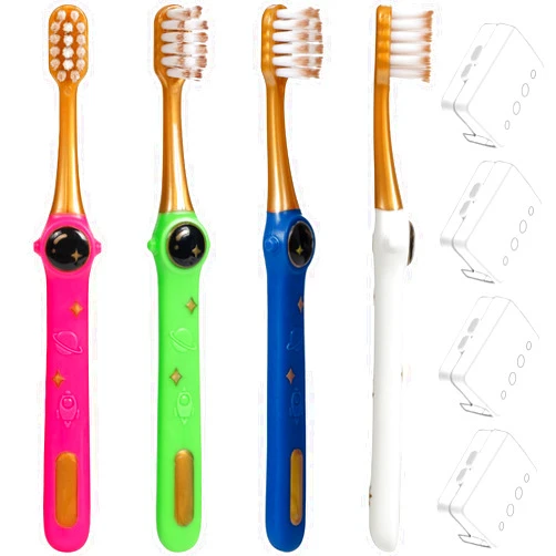 PRASBURR Kids Toothbrush - Pack of 4 Galactic Adventures Style, Soft Bristles with Toothbrush Caps, Children Sized Brush Heads (3-10 Year Old), Girl & Boy Set
