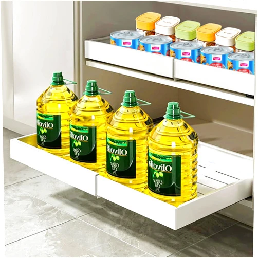 XISEZIUO Expandable Pull-Out Drawers for Kitchen Cabinets, White Slide-Out Cabinet Organizers with Adhesive Film, for Kitchen and Pantry Storage Efficiency