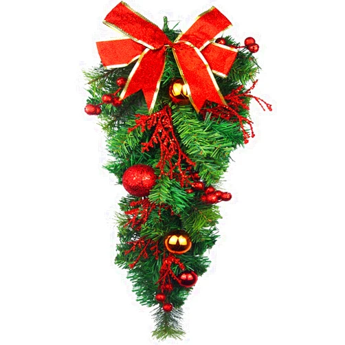 JOJAZE Artificial Christmas Teardrop Swag with Pine Cones Ribbon Bow Hanging Pine Needle Artificial Teardrop Swag Christmas Swag for Indoor Outdoor Home Wall Door Hanging Decor