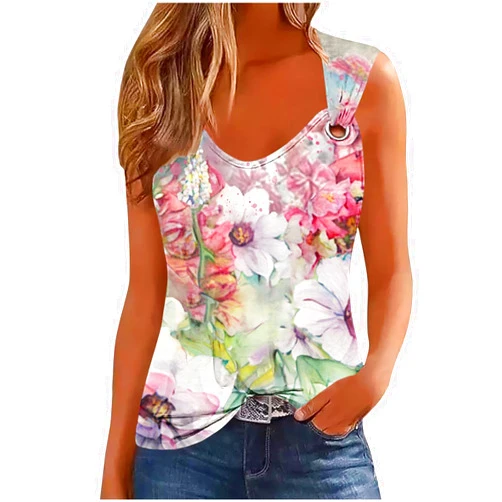 DOLKFU Women's Summer Tank Top Boho Floral Graphic Print T Shirts Sleeveless Vintage Casual Fashion Blouses