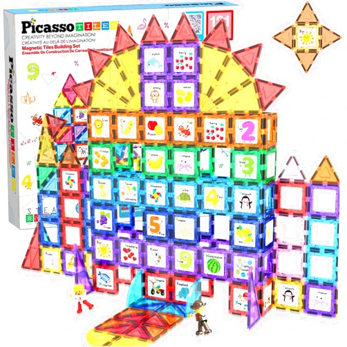 PicassoTiles 121 pc Master Builder Magnetic Building Block Construction Set Magnet Tiles Blocks with Car Truck, 2 Character Action Figures, 28 Educational Alphabet Animal and Number Graphics, Windmill