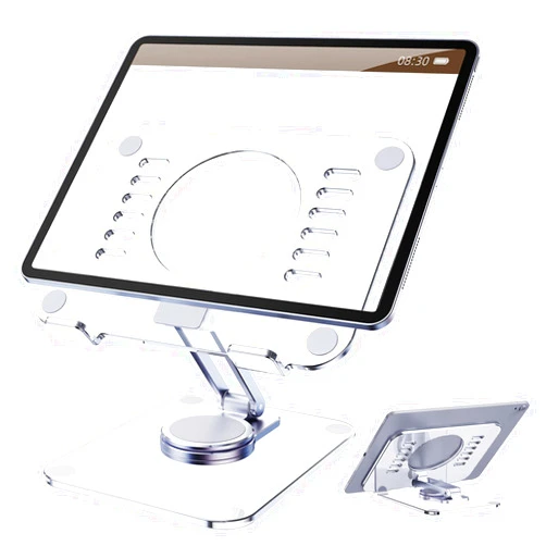 DEYOT Tablet Stand for Desk, Stable Tablet Holder Acrylic iPad Stand with 360 Rotating Base, Multi-Angles Adjustable and Foldable Universal Supports 4-13.3 Inches Tablet, Phone, Kindle