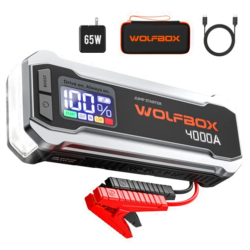 WOLFBOX 4000A Jump Starter,12V Car Battery Jump Starter with 65W Quick Charger,LED Display,24000mAh Portable Jump Starter Battery Pack(10L Gas 10L Diesel Engine) with Booster,LED Light,Jumper Cables