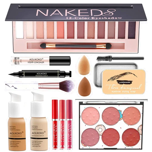 AOLIKOKO 12-Color Pro Makeup Kit for Women - Eyeshadow, Foundation, Lipstick, Blush, Brushes, Eyeliner Stamp