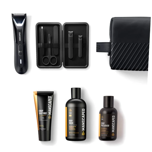 MANSCAPED® The Premier Package 5.0 Ultra, with The Lawn Mower® 5.0 Ultra Men's Groin & Body Hair Trimmer, Shears 3.0, Crop Preserver® Ball Deodorant, Refined® Body Wash, Crop Soother™, Shed 2.0