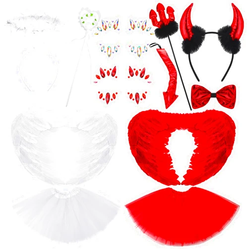 Xtinmee Halloween Angel and Devil Costumes for Women Includes Headband Tutu Skirt Wings Gems Stickers and Devil Horns Tail Bow Tie Devil Fork Angel Wand for Cosplay Party Accessories
