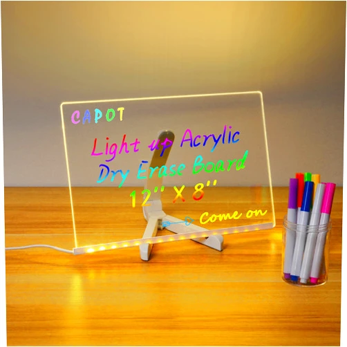CAPOT Acrylic Dry Erase Board with Light 11.8 X 7.9” Clear Light up Dry Erase Board with Stand Desktop Glow Memo LED Letter Rewritable Message Board White Board LED Note Board with 7 Color Markers