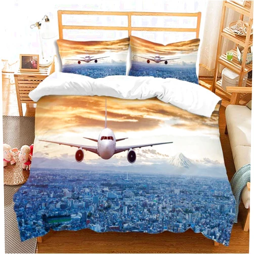 Jingzhang Aircraft Duvet Cover Sets 3Pcs White Snow Mountain Flying Planes Bedding Sets with Zipper Orange Clouds White Planes Quilt Cover with 2 Pillow Shams,Queen Size