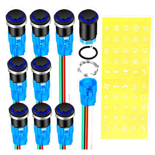 DaierTek 12V Momentary Marine Push Button Switch Waterproof Blue LED Light 12 Volt Illuminated 16mm Metal Black Power Start Pushbutton -9 Pack