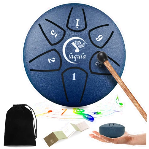 Laqula Mini Steel Tongue Drum 3 Inch 6 Notes Drum Percussion Instrument with Music Book Drum Mallet Carry Bag for Meditation Yoga Entertainment Musical Education (Navy Blue)