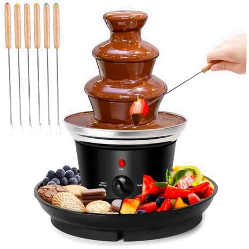 Outamateur 16oz Chocolate Fondue Fountain, 3-Tier MINI Chocolate Fountain with 6PCS Fondue Fork and Removal Fruits/Nuts/Treats Serving Tray for BBQ Sauce,Ranch,Nacho Cheese,Liqueurs