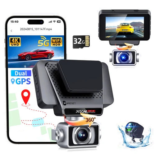 Juscar Jusar C9 4K Dash Cam Front and Rear, 5G WiFi GPS Dashcam with ADAS, STARVISION 2 x HDR Night Vision, 360° Front Car Camera with Free 32GB Card, 3