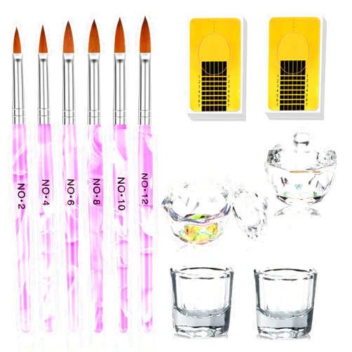Yokilly Nail Brush Set, 6 PCS Acrylic Nail Art Brush Nail Polish Brush 4PCS Crystal Dappen Dish for Acrylic Nails & 200 PCS Nail Forms for Acrylic Nails