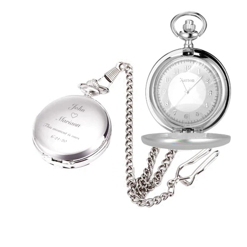 A & L Engraving Personalized Stainless Steel Silver Pocket with Glass Cover Watch Custom Engraved Free with Gift Box - Ships from USA
