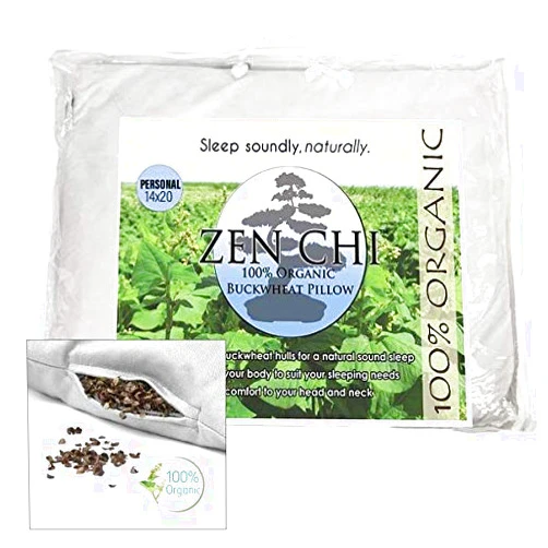ZEN CHI Buckwheat Pillow - Organic Standard Size (14x20) w Natural Cooling Technology- All Cotton Cover w Organic Buckwheat Hulls - Personal Comfy Pillow Has Natural Cooling Effect, Adjusts to Head
