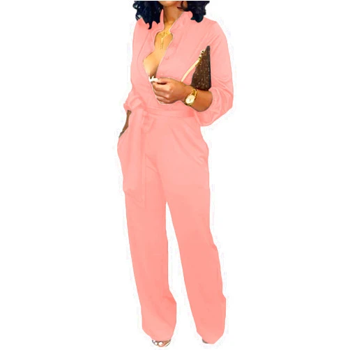 SeNight Women Jumpsuits For Elegant Sexy V Neck Long Sleeve Casual for Work Wide Leg Pants with Pockets Belt