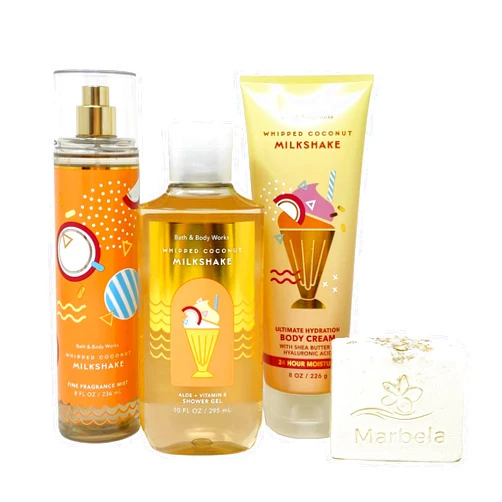 Bath & Body Works Whipped Coconut Milkshake 3 Piece Bundle - Fragrance Mist - Body Cream - Shower Gel - with a Natural Oats Bar Soap