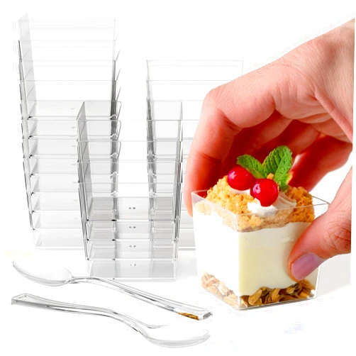 Exquisite Mini Dessert Cups with Spoons 200 Pcs - 3.6 Oz Square Dessert Cups With Tasting Spoons 100 Sets | Mini Parfait Cups | Appetizer Cups For Party | Plastic Dessert Cups