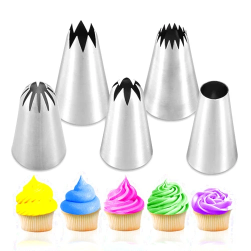 Suuker 5 Pcs/Set Large Piping Tips Set,Stainless Steel Frosting Piping Kit,Pastry Cake Decorating Tips Baking Tools For Cookies Cupcake Decorating Kit (1A 1E 348 347 356)