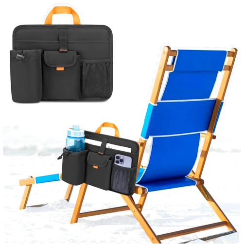 GRAOSO Beach Chair Cup Holders, Arm Organizer for Camping with 2 Self-Adhesive Fastener Strap, Hanging Bag Insulation with 4 Pockets, Camp Chair Accessories for Water Bottle, Magazine, Black, Patent Design