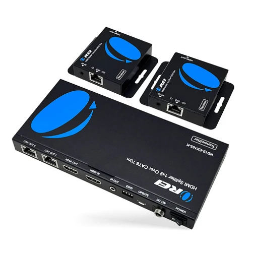 OREI 1x2 HDMI Over Ethernet Extender Splitter Over CAT6/7 Ethernet Cable Up to 165 ft - 1 in 2 Out, 1080P, PoC, IR Control, EDID, HDMI Loop Out (HD12-EX165-K)