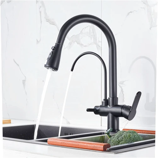 POPFLY Modern Kitchen Faucet with Drinking Water Faucet, 2 Handle 3 in 1 Water Filter Purifier Faucet with Pull Down Sprayer, Brass Body, Black